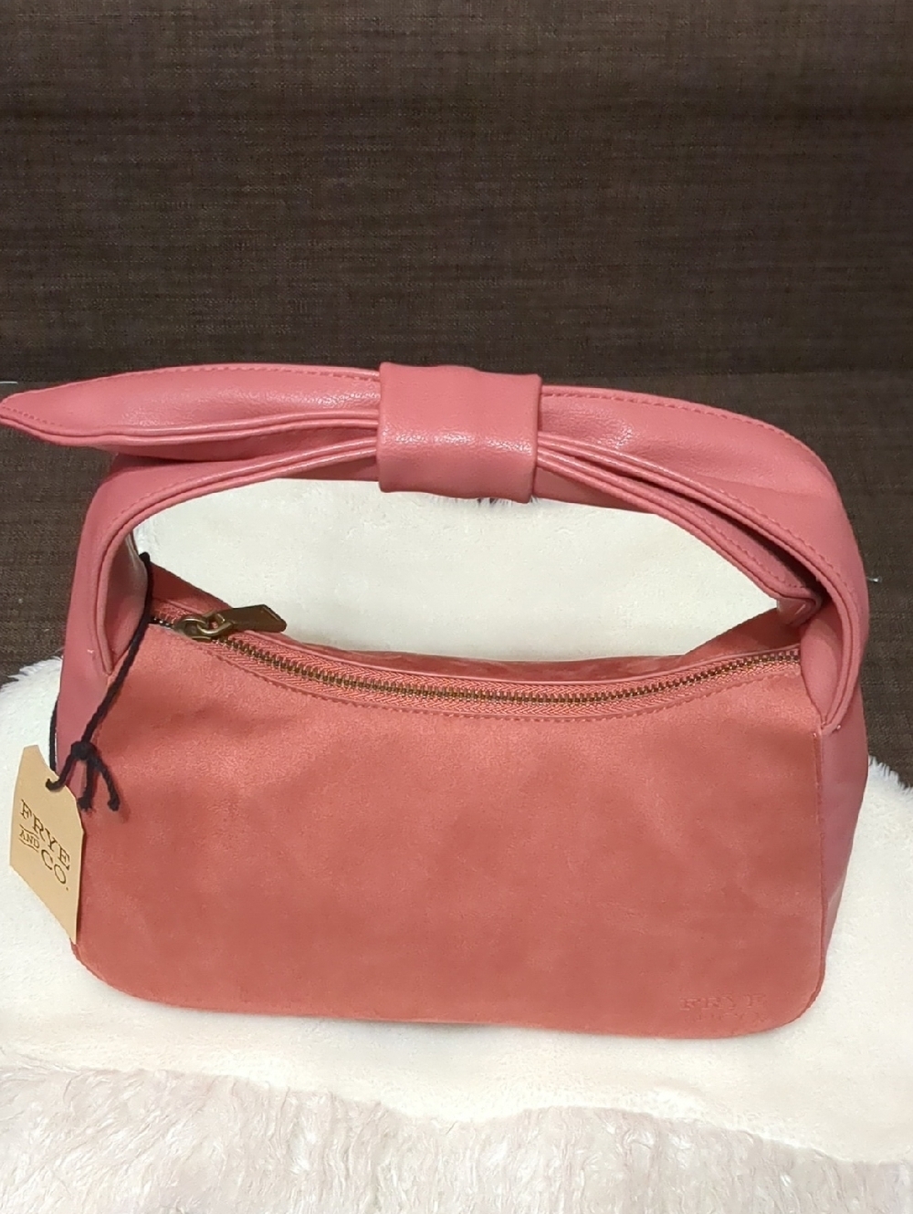 Fry and Co. Frannie Satchel Pink Suede-Bronze Zipper Knot Handle Shoulder Bag